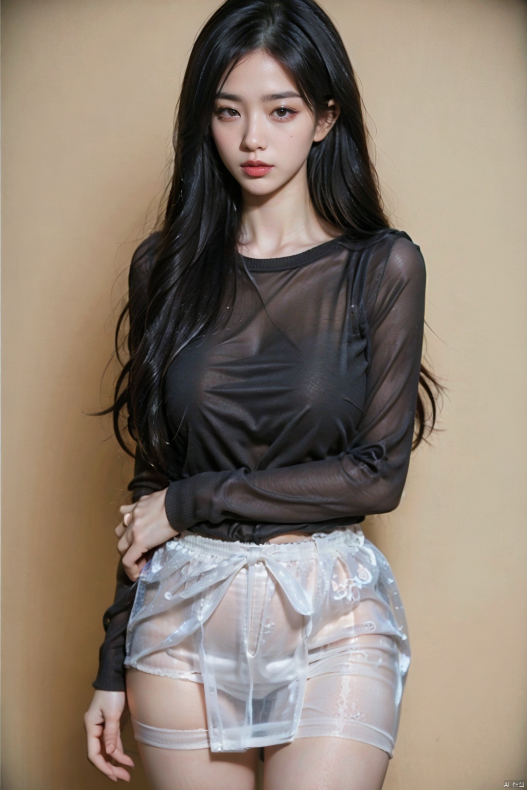  1girl, solo, long hair, skirt, shirt, black hair, long sleeves, standing, cowboy shot, indoors, miniskirt, sweater,tongue out, lips, black shirt, shadow, white skirt, facing viewer, pencil skirt, blindfold, hand on own chin, ((poakl))(Close your eyes), Transparent Clothes