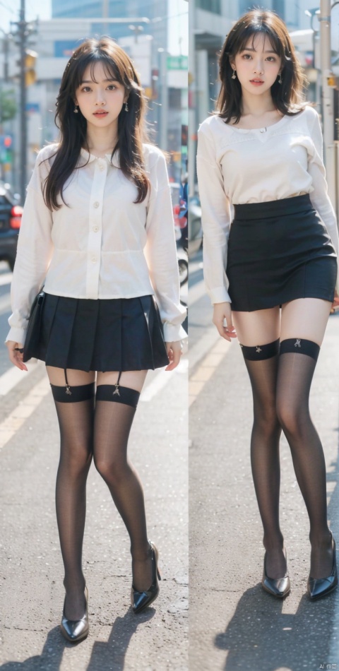  (masterpiece:1.2）,（ best quality:1.2), (very cute:1.2),(realistic:1.2), (idolmaster:1.2),city,road,(perfect face:1.2), (black skirt: 1.5),sexy high heels ,fullbody, pantyhose, Purity Portait, split screen