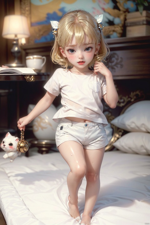 masterpiece, best quality, ultra-detailed, colorful, soft lighting, (shiny_skin:1.5), (child:1.5), blonde hair, shiny_hair, (small breasts), elegant posture, (cute, blush, Bashful, orgasm), full body, (Vincent Willem van Gogh:1.3), t-shirt, white shorts