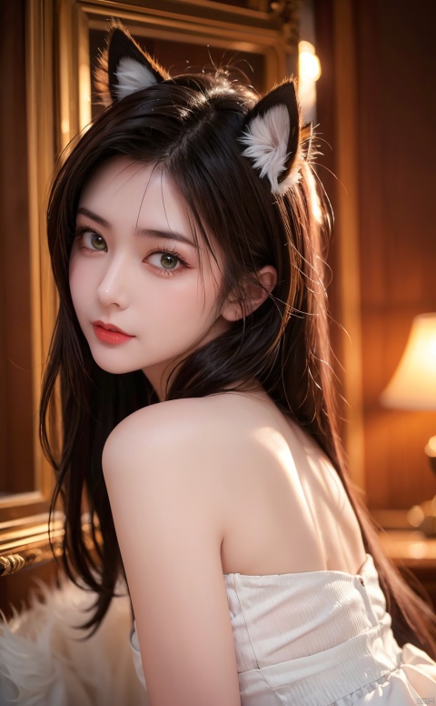 A girl, high-definition, seductive and charming, top-notch beauty, fair skin, nine tails, white tail, green eyes, fox ears,
