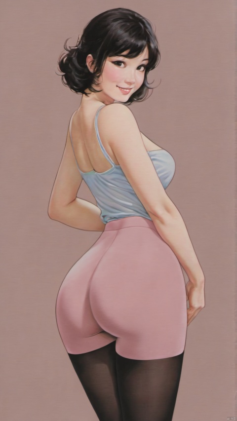  masterpiece, best quality,1girl,(mature female:1.2),black hair,solo,pink background,(looking at viewer),(pantyhose:1.5),(thicker thighs),big breasts,big ass,(mini skirt),smile,