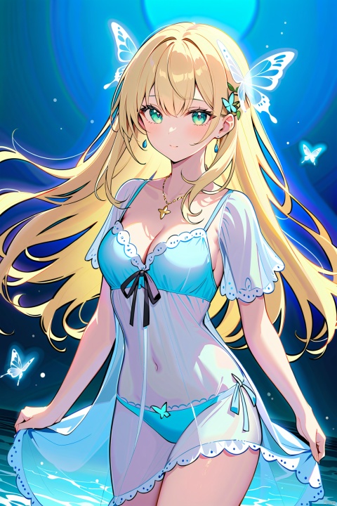 masterpiece, (best quality),on the sky, blue sky, cloudy sky,1girl, blonde_hair, breasts, butterfly_hair_ornament, butterfly_on_hand, cleavage, fairy, green_eyes, hair_flower, hair_ornament, jewelry, long_hair, medium_breasts, midriff, navel, solo, water, (ribbon),(blue theme:1.2),see-through nightgown,(nightwear set:1.2),(gold jewelry),simple background, blue theme background,light particles, dynamic lighting, masterpiece, best quality