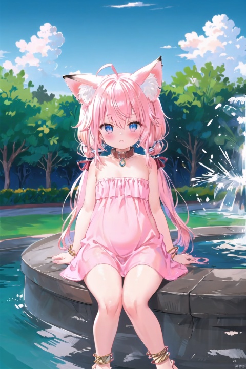 spasm,1girl,ahoge,succubus,plump,child,animal ears,anklet,bangs,bare shoulders,blue eyes,bracelet,cloud,collar,fox ears,fox tail,jewelry,long hair,looking at viewer,low twintails,lying,pink hair,solo,twintails,fountain,