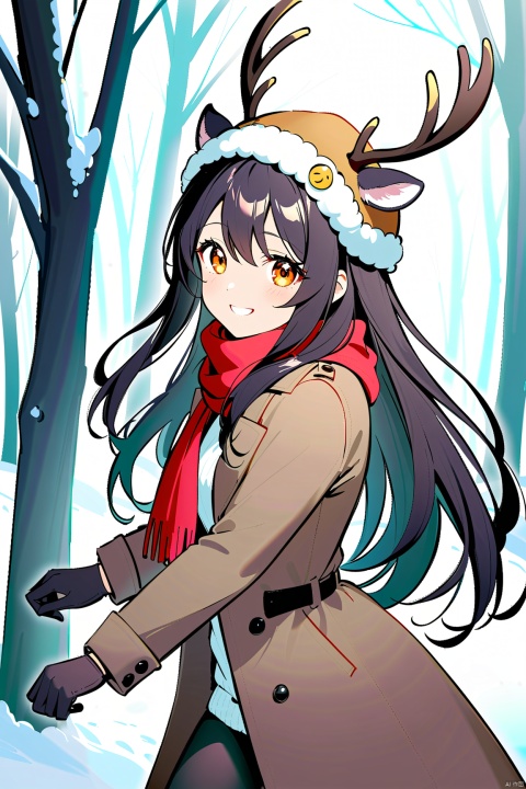 ynamic angle, dynamic pose, 1girl, (deer hat), solo, gloves, in shock, shy, smile, cute, flowers, berries, lovely dress, portrait, long hair, simple background, in the woods, sweater dress, brown winter coat, walking, red scarf, looking back to viewers from side, (black leggings), brown high boots, snow, happy smile, laugh, shiny eyesight,