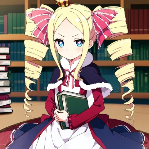 1girl,blonde hair,solo,drill hair,symbol-shaped pupils,twin drills,crown,long hair,mini crown,blue eyes,ribbon,hair ribbon,sidelocks,capelet,book,fur trim,dress,magic circle,