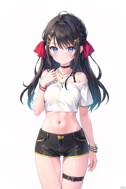 nai3, 1girl, shorts, solo, crop top, black shorts, choker, blue eyes, black hair, navel, shirt, midriff, crop top overhang, looking at viewer, white shirt, jewelry, breasts, cowboy shot, bare shoulders, short shorts, off-shoulder shirt, off shoulder, black choker, thighs, stomach, hand on own thigh, long hair, bracelet, short sleeves, ribbon, hand up, collarbone, hair ribbon, medium breasts, standing, high-waist shorts, dolphin shorts, bra strap, closed mouth, hair ornament, thigh gap, bangs, necklace, expressionless