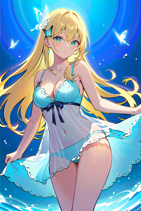 masterpiece, (best quality),on the sky, blue sky, cloudy sky,1girl, blonde_hair, breasts, butterfly_hair_ornament, butterfly_on_hand, cleavage, fairy, green_eyes, hair_flower, hair_ornament, jewelry, long_hair, medium_breasts, midriff, navel, solo, water, (ribbon),(blue theme:1.2),see-through nightgown,(nightwear set:1.2),(gold jewelry),simple background, blue theme background,light particles, dynamic lighting, masterpiece, best quality