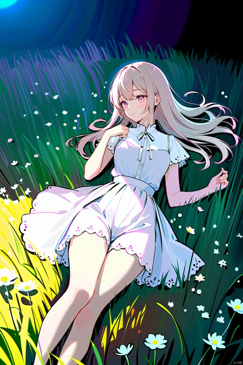 A melancholic scene in a vast flower field,a gentle breeze rustling through the dry grass,fallen scattered among the flowers, a bittersweet atmosphere, a moment of quiet contemplation,1girl,long hair,white_skirt, high-waist_shorts, outfit ,roses,(dynamic angle:1.1), vilight id,Soft and of shade, evocative brushwork, palette, delicate, subtle details in the wilting flowers,high contrast,color contrast,at night,shadow, (Five Fingers),