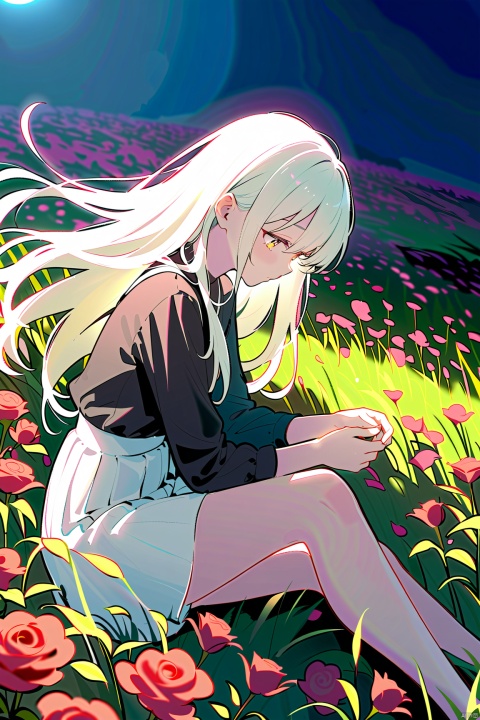 A melancholic scene in a vast flower field,a gentle breeze rustling through the dry grass,fallen scattered among the flowers, a bittersweet atmosphere, a moment of quiet contemplation,1girl,long hair,white_skirt, high-waist_shorts, outfit ,roses,(dynamic angle:1.1), vilight id,Soft and of shade, evocative brushwork, palette, delicate, subtle details in the wilting flowers,high contrast,color contrast,at night,shadow, (Five Fingers),