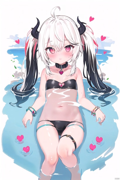 (1girl:1.2),ahoge,(succubus:1.1),child,bangs,bare shoulders,bracelet,cloud,collar,jewelry,long hair,looking at viewer,low twintails,lying,(solo:1.2),twintails,(multicolored eyes:1.2),heart-shaped_pupils,baby face,waterpark,