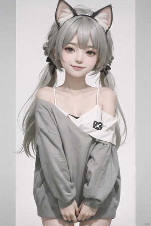  30710, petite, loli, solo, animal ears, heart, puffy short sleeves, white hair, long hair, off shoulder, bangs, hair ornament, gradient background,rainbow gradient, x hair ornament, animal ear fluff, looking at viewer, very long hair, blush, smile, cat ears, bare shoulders, collarbone, hand up, gradient sweater, hair between eyes, symbol-shaped pupils, arm up, heart-shaped pupils, hairclip, medium breasts, salute, bare legs,full body