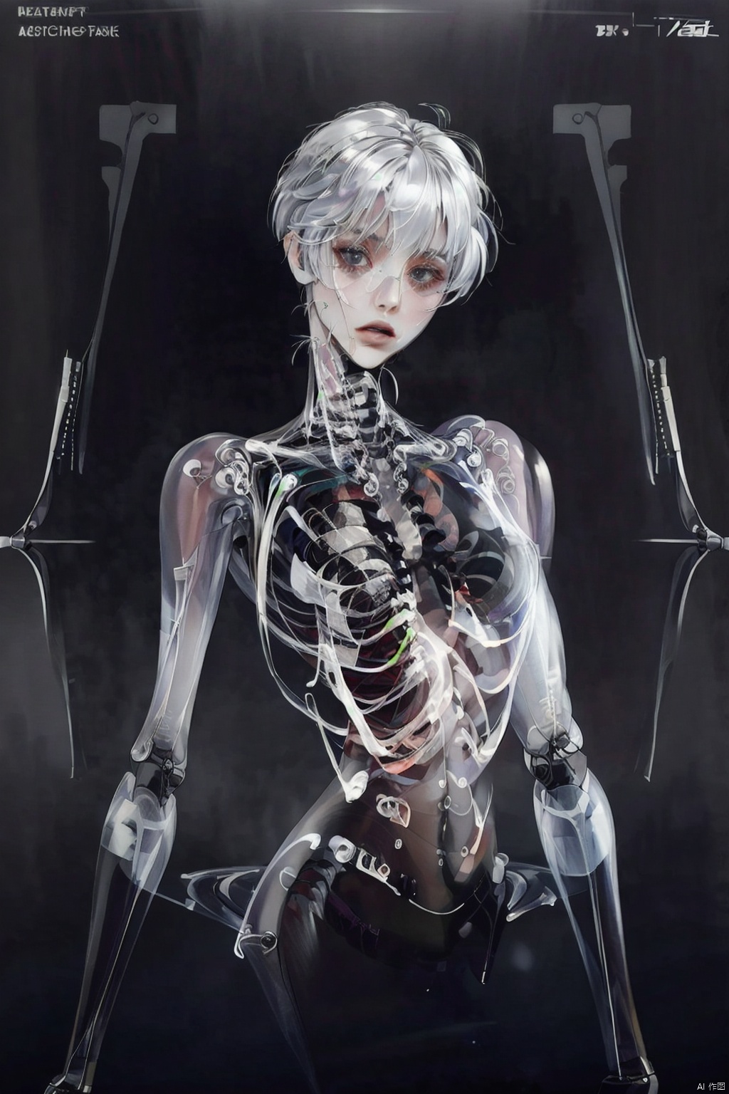  1girl, solo, 
long hair, breasts, 
looking at viewer, bangs, simple background, 
,hair between eyes, white hair, upper body,
 parted lips, grey background, lips, bodysuit, 
 plugsuit, white bodysuit, 
ayanami rei, A Robot,spine,Ribs, ulna, sternum, 
scapula, clavicle, mandible,T
ransparent skin,Translucent, Translucent Latex, holographic interface, transparent mechanical body, InvisibleMan, Holography, holographic, sdmai, cover, yinyou, faxa