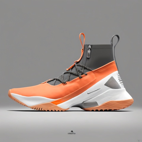  A orange shoe design, side view,white background, greyscale, shoes,, grey background, no humans, sneakers, still life, conceptual design, masterpieces of art.Shaped soles, shoe design