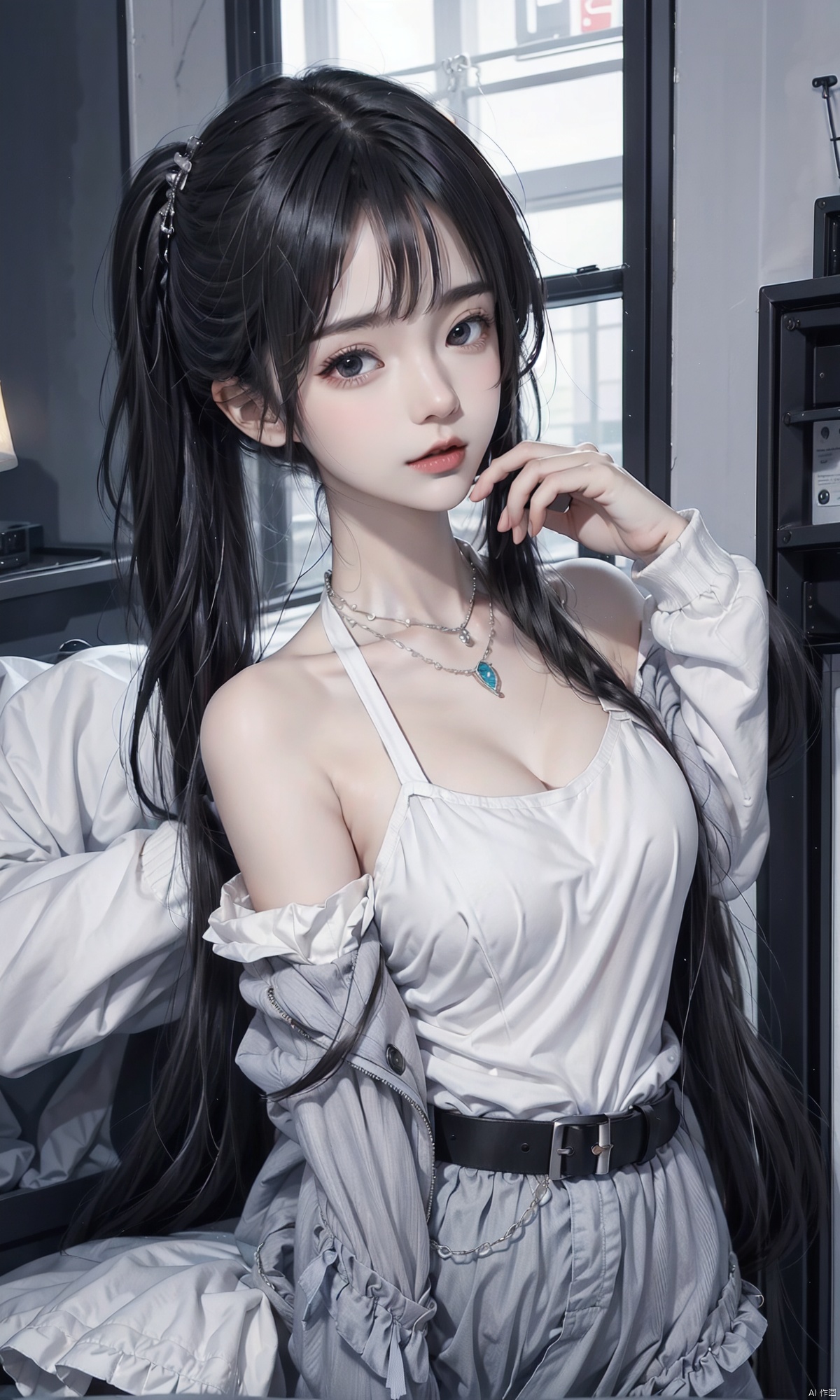 1girl, solo, long hair, looking at viewer, bangs, black hair, twintails, jewelry, jacket, belt, indoors, necklace, off shoulder, black eyes, **** top, realistic,illustration
