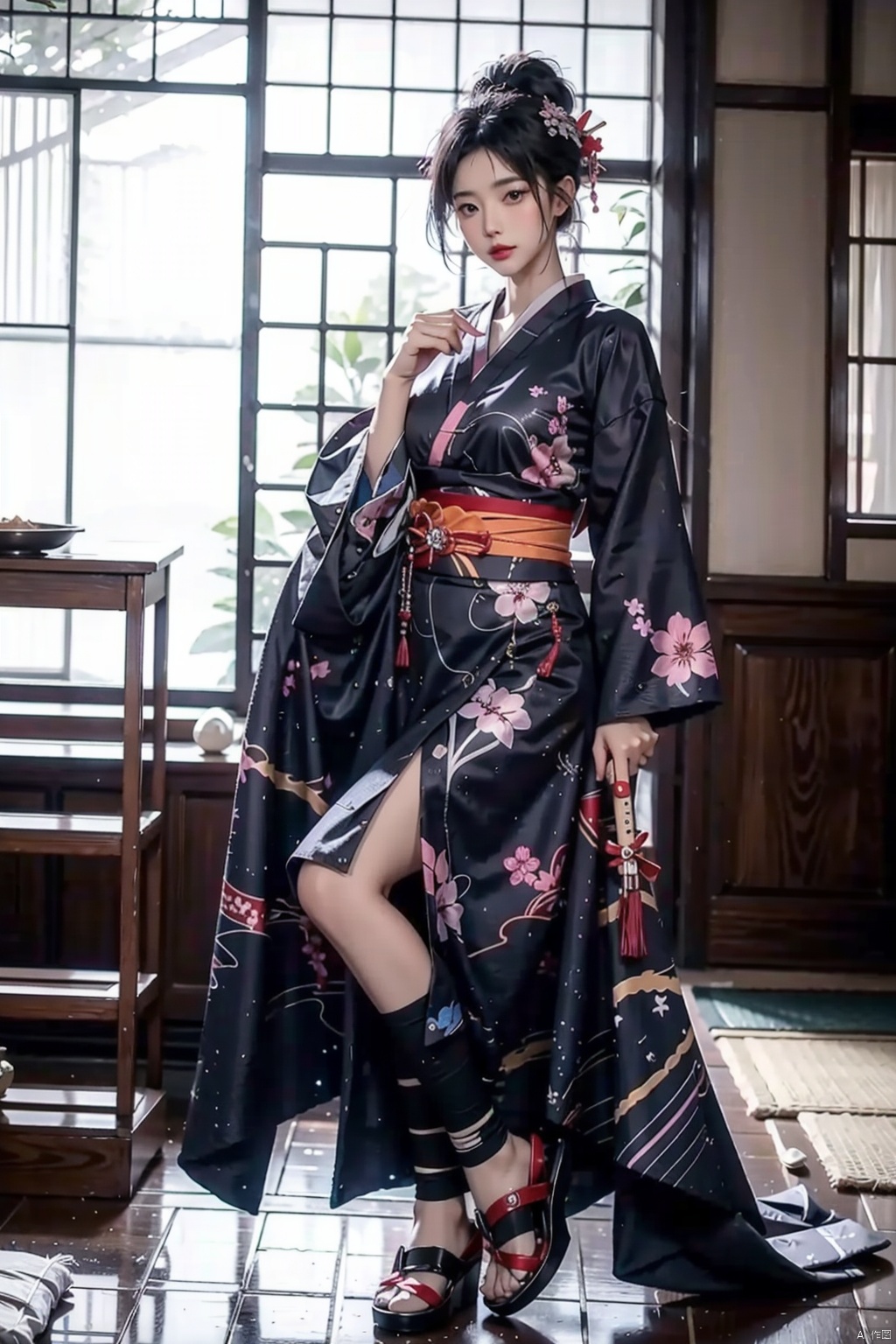  A Japanese Mafia lady, spice girl, sexy, round and slender legs, painted purple nail polish, wearing a waist kimono yukata, exposing half of the body, bandaged chest, huge chest, full chest, long straight hair, black shiny hair, long handle big knife, one-handed samurai sword, one-handed knife stick to the ground, imperious side leakage posture, high cold imperial sister fan, long legs, tall women, Full sexy body, reflective skin, oily skin, two legs, two arms, two hands, two feet, five toes, five fingers, showing their body, sitting on the floor, Japanese room, Japanese entrance, Japanese shrine, armor and weapons hanging on the wall behind, incense burning in an indoor incense burner, indoor basin picking