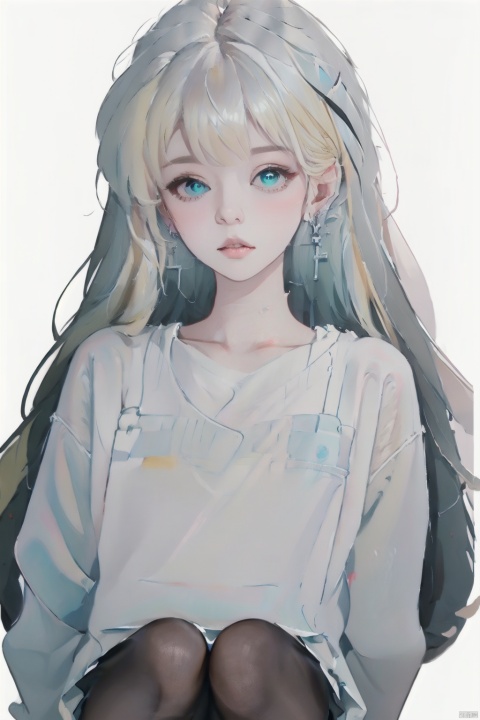  1girl, solo, looking at viewer, bangs, blue eyes, blonde hair, long sleeves, jewelry, upper body, earrings, sweater, lips, fingernails, own hands together, realistic, Illustration , oilpainting,Oil on Canvas, Colour, Haze, Thick Paint, faxa, hologram girl, acrylic painting, caiyi, 30710, white pantyhose