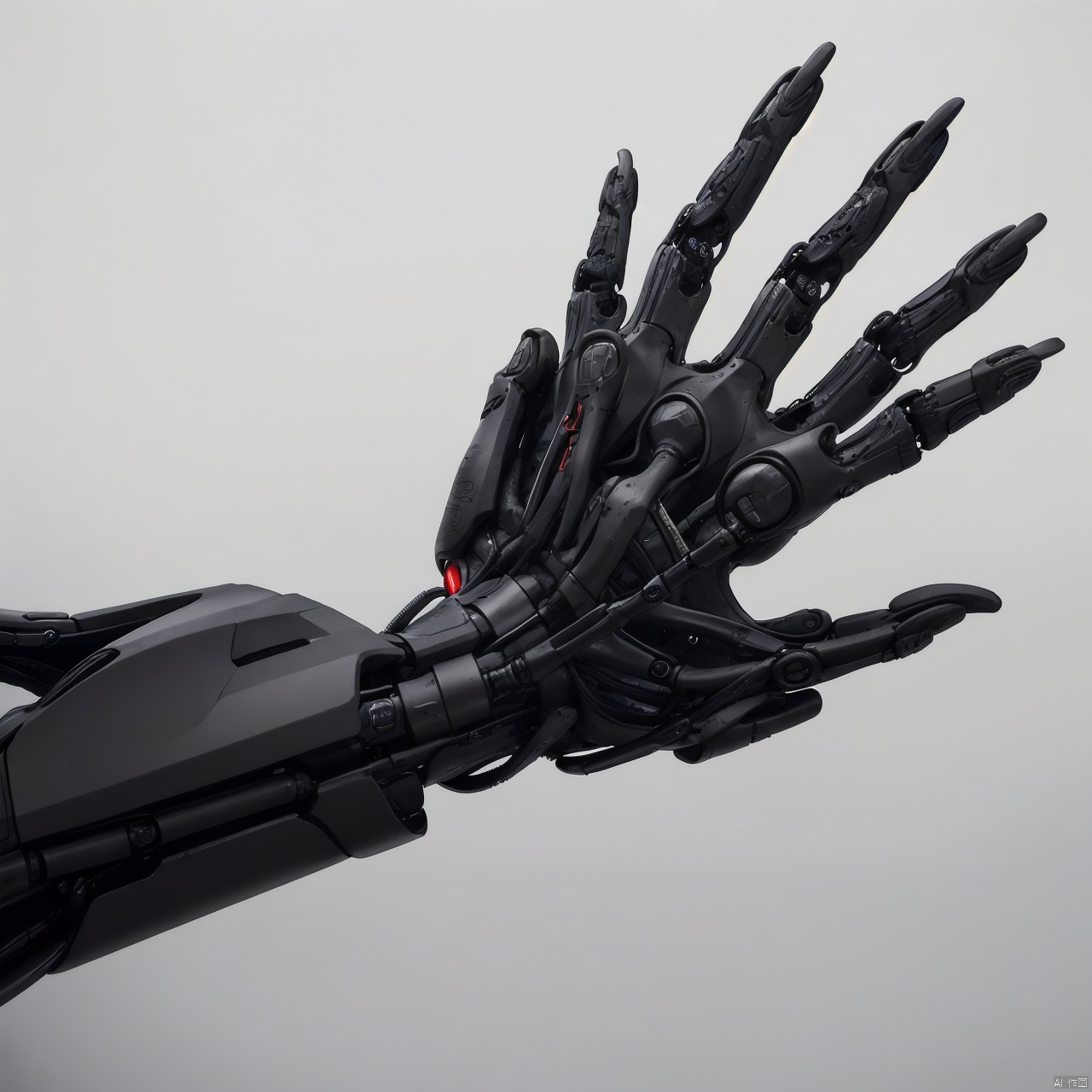  A black robot hand, bionic human bone,Carpal bones, metacarpals, phalanges simple background, white background, English text, logo,..., A robotic prosthesis