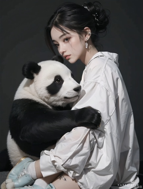 1 girl, holding panda, cool
 long hair, sitting, black trousers, braids, black hair, alone, shoes, looking at the audience, white shoes, piercings, long sleeves, shirt, white shirt, full body, socks, headrest, white socks, pierced ears, closed mouth, earrings, trainers, blush, jewellery, lips