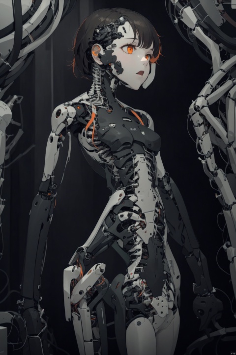  1girl, solo, short hair, bangs, simple background, black hair, brown eyes, multicolored hair, cowboy shot, orange hair, orange eyes, black background, science fiction, android, joints, cyborg, ribs, skeleton, robot joints, bone, mechanical parts, spine