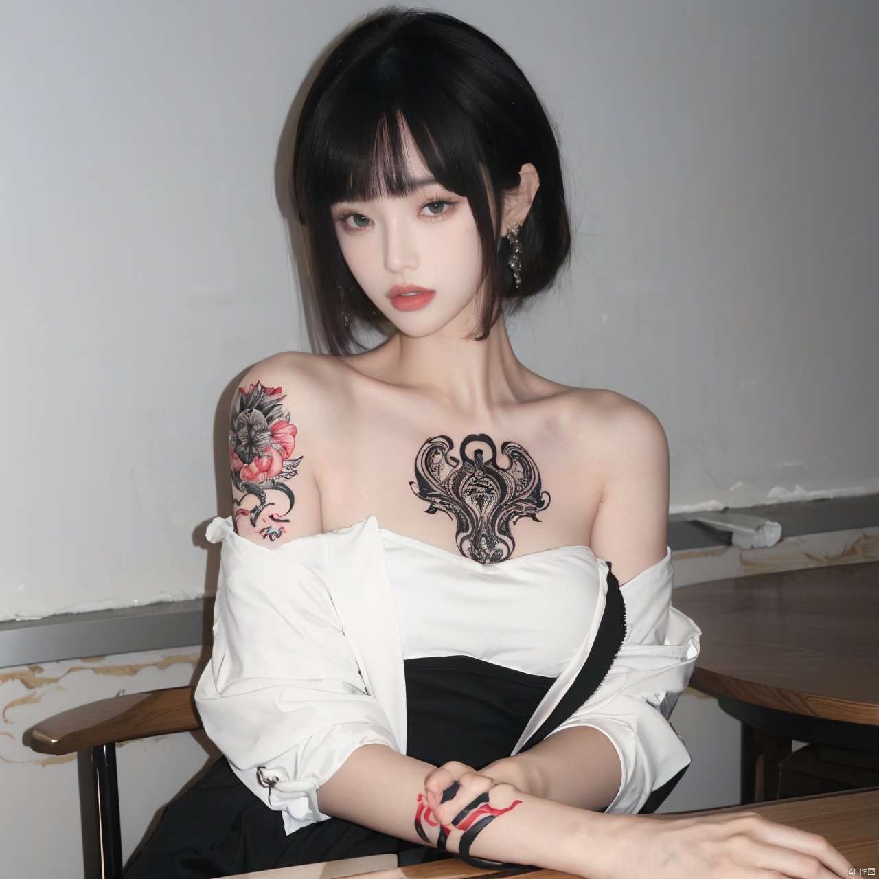 1girl, solo, looking at viewer, short hair, bangs, black hair, jewelry, sitting, jacket, upper body, earrings, blunt bangs, cup, lips, white jacket, grey eyes, strapless, tattoo, chair, table, bandeau, tube top, arm tattoo, A girl with a tattoo on her right should,clean background, Light master