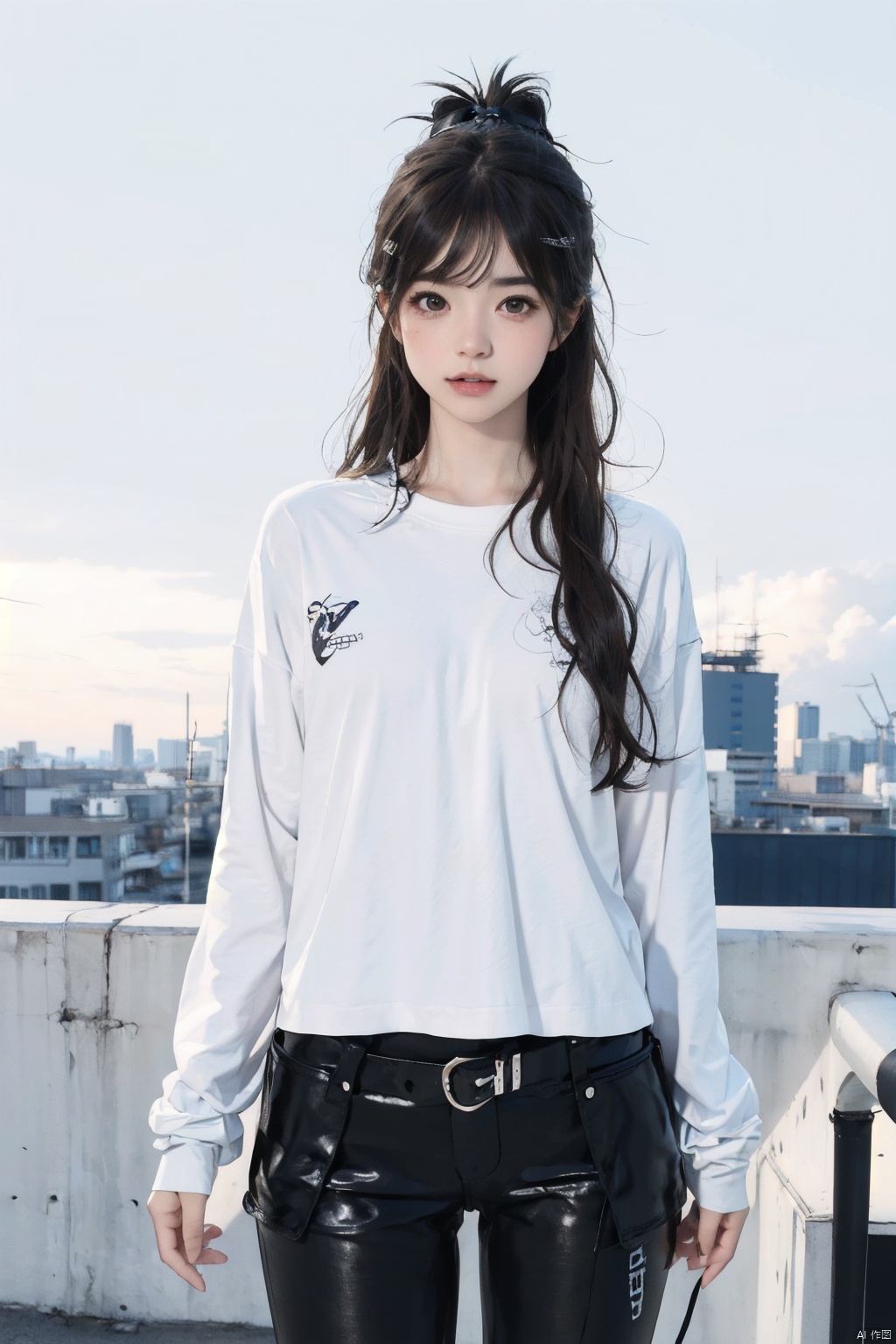  NSFW,Frontal photography,Look front,evening,dark clouds,the setting sun,On the city rooftop,A 20 year old female,Black top,Black Leggings,black hair,long hair, dark theme, muted tones, pastel colors, high contrast, (natural skin texture, A dim light, high clarity) ((sky background))((Facial highlights)), 1 girl, a girl, 1girl,solo,illustration