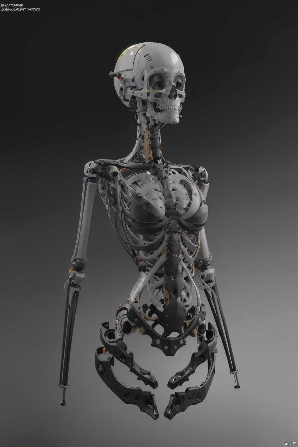  A robot prosthesis, bionic human bones, spine, ribs, ulna, , 
scapula, clavicle, mandible, no muscle skin, just skeleton, simple semi-finished robotics industrial product design.