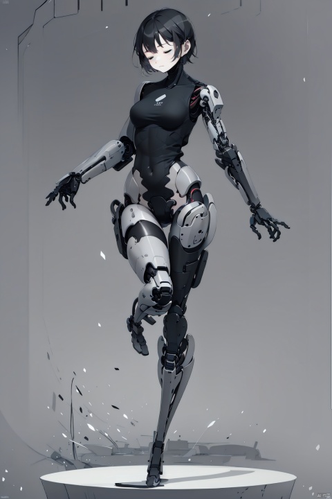  1girl, solo, breasts, short hair, shirt, black hair, closed mouth, standing, full body, closed eyes, grey background, standing on one leg, grey shirt, science fiction, android, joints, mechanical arms, cyborg, prosthesis, robot joints, mechanical parts, mechanical legs