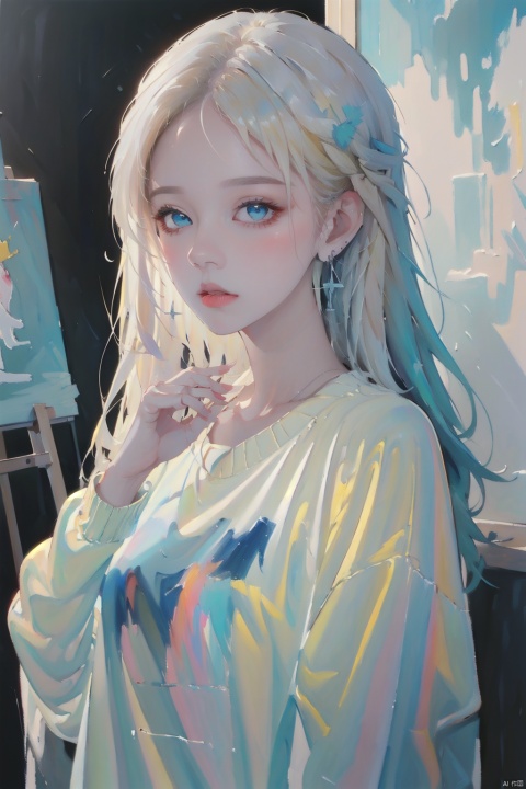  1girl, solo, looking at viewer, bangs, blue eyes, blonde hair, long sleeves, jewelry, upper body, earrings, sweater, lips, fingernails, own hands together, realistic, Illustration , oilpainting,Oil on Canvas, Colour, Haze, Thick Paint, faxa, hologram girl, acrylic painting, caiyi, Light master