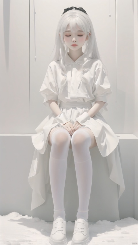  A girl sitting in the white snow closed her eyes and her body had turned white, Be covered with snow, All white, all white, all snow, (full_body:1.2), (full body:1.2), 
, sg, depth of field, 30710, white pantyhose,HTTP,HEZI,spaceelevator,莉达, Thick coating, yinyou, tutultb, white thighhighs, midjourney, dragon, meimo, aem01_style, cns_dress, hua, fenhong