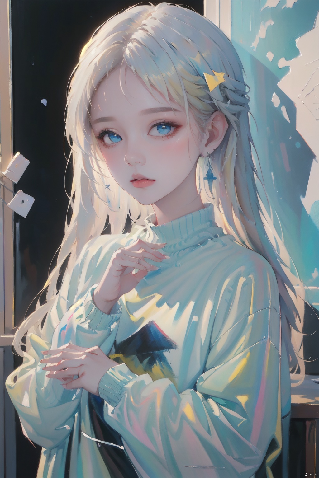  1girl, solo, looking at viewer, bangs, blue eyes, blonde hair, long sleeves, jewelry, upper body, earrings, sweater, lips, fingernails, own hands together, realistic, Illustration , oilpainting,Oil on Canvas, Colour, Haze, Thick Paint, faxa, hologram girl, acrylic painting, caiyi, Light master