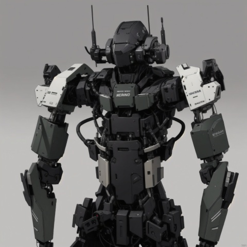  solo, upper body, weapon, grey background, english text, gradient background, no humans, robot, mecha, science fiction, realistic
