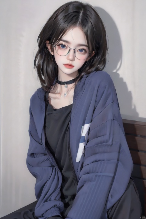  1girl, solo, looking at viewer, short hair, blue eyes, shirt, black hair, sitting, closed mouth, jacket, upper body, open clothes, glasses, choker, hood, lips, black shirt, black choker, cross, blue jacket, black-framed eyewear, realistic, bench