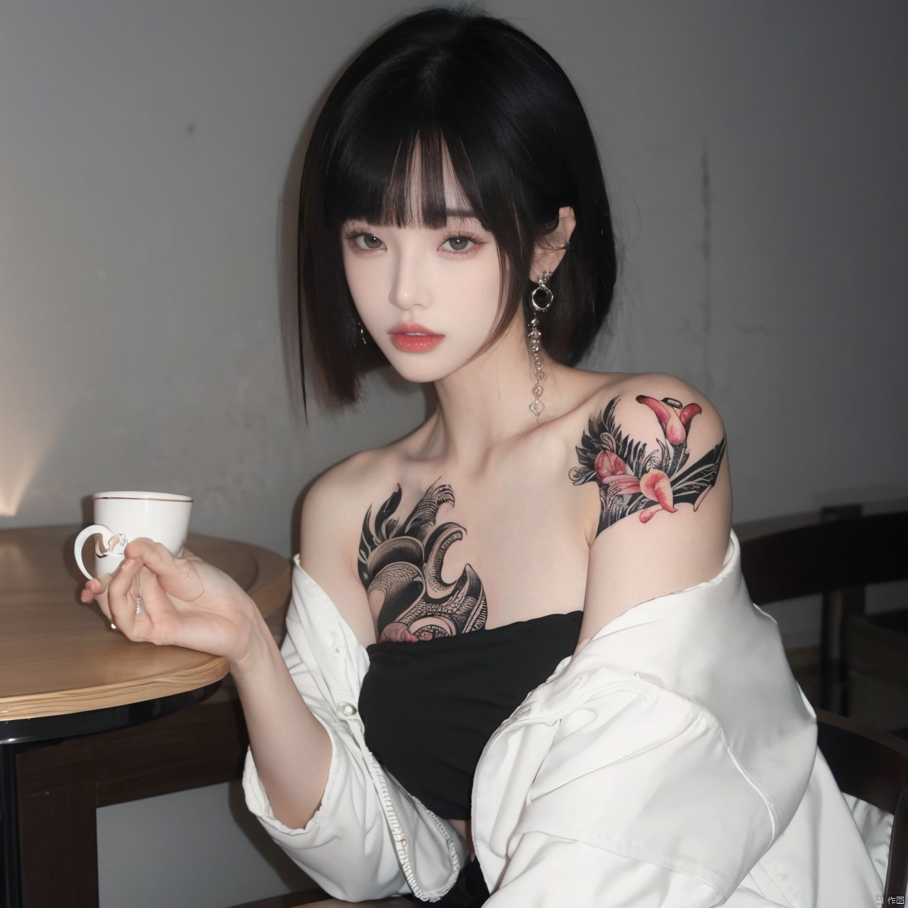  1girl, solo, looking at viewer, short hair, bangs, black hair, jewelry, sitting, jacket, upper body, earrings, blunt bangs, cup, lips, white jacket, grey eyes, strapless, tattoo, chair, table, bandeau, tube top, arm tattoo, A girl with a tattoo on her right should,clean background, Light master