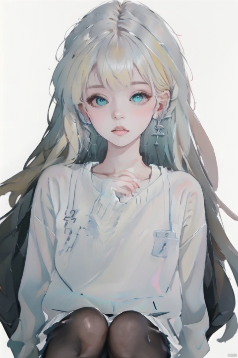  1girl, solo, looking at viewer, bangs, blue eyes, blonde hair, long sleeves, jewelry, upper body, earrings, sweater, lips, fingernails, own hands together, realistic, Illustration , oilpainting,Oil on Canvas, Colour, Haze, Thick Paint, faxa, hologram girl, acrylic painting, caiyi, 30710, white pantyhose