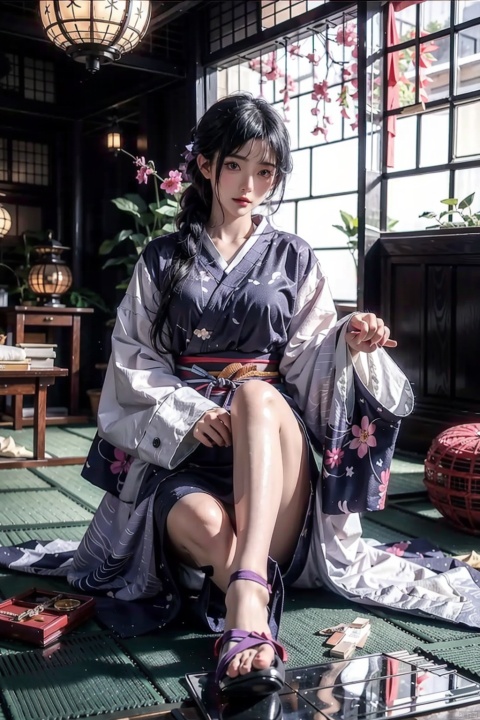  A Japanese Mafia lady, spice girl, sexy, round and slender legs, painted purple nail polish, wearing a waist kimono yukata, exposing half of the body, bandaged chest, huge chest, full chest, long straight hair, black shiny hair, long handle big knife, one-handed samurai sword, one-handed knife stick to the ground, imperious side leakage posture, high cold imperial sister fan, long legs, tall women, Full sexy body, reflective skin, oily skin, two legs, two arms, two hands, two feet, five toes, five fingers, showing their body, sitting on the floor, Japanese room, Japanese entrance, Japanese shrine, armor and weapons hanging on the wall behind, incense burning in an indoor incense burner, indoor basin picking