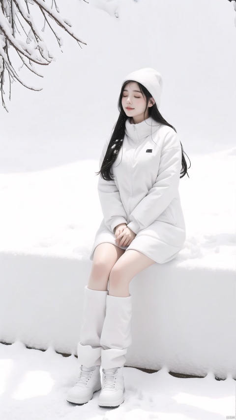  A girl sitting in the white snow closed her eyes and her body had turned white, Be covered with snow, All white, all white, all snow, (full_body:1.2), (full body:1.2), 
, sg,