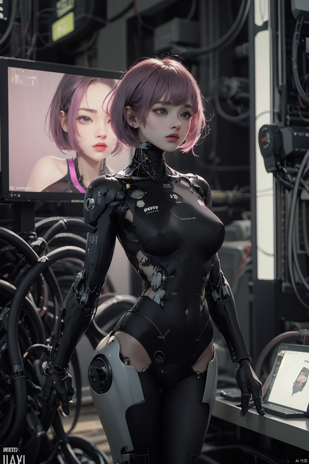 1girl, solo, short hair, blue eyes, pink hair, english text, science fiction, cable, cyborg, cyberpunk, mechanical parts
