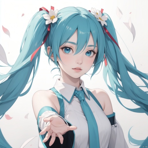 1girl, solo, long hair, looking at viewer, blue eyes, hair ornament, dress, ribbon, hair between eyes, bare shoulders, twintails, very long hair, blue hair, hair ribbon, flower, detached sleeves, hair flower, lips, aqua hair, detached collar, outstretched hand, realistic, hatsune miku