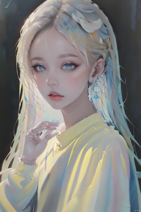  1girl, solo, looking at viewer, bangs, blue eyes, blonde hair, long sleeves, jewelry, upper body, earrings, sweater, lips, fingernails, own hands together, realistic, Illustration , oilpainting,Oil on Canvas, Colour, Haze, Thick Paint, faxa, hologram girl, acrylic painting, caiyi