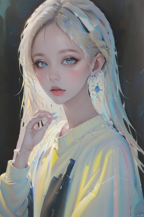  1girl, solo, looking at viewer, bangs, blue eyes, blonde hair, long sleeves, jewelry, upper body, earrings, sweater, lips, fingernails, own hands together, realistic, Illustration , oilpainting,Oil on Canvas, Colour, Haze, Thick Paint, faxa, hologram girl, acrylic painting, caiyi