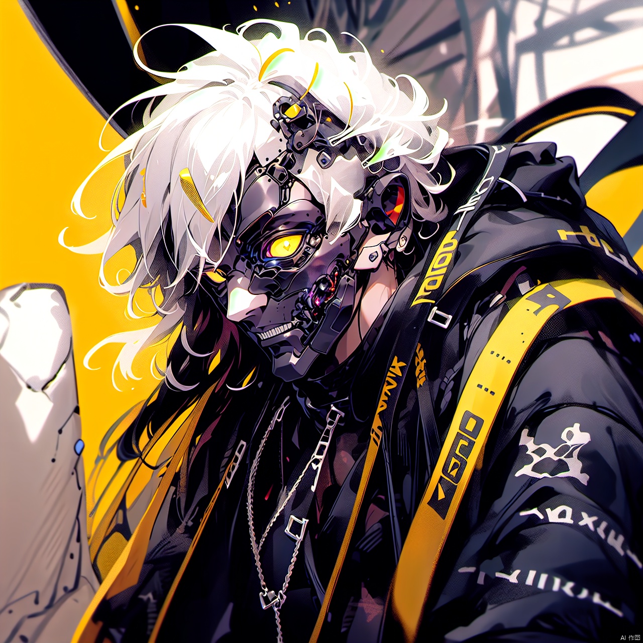  solo, looking at viewer, 1boy, jacket, male focus, blurry background, colored sclera, science fiction, cyborg, A robot, color, Larme Kei
