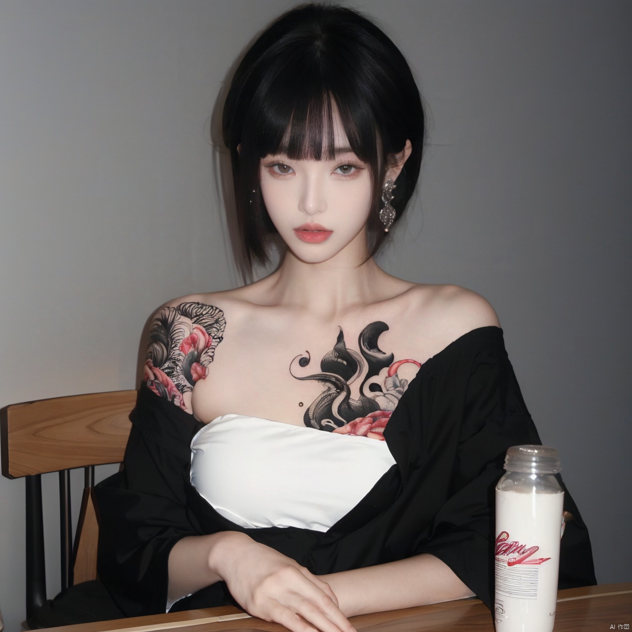  1girl, solo, looking at viewer, short hair, bangs, black hair, jewelry, sitting, jacket, upper body, earrings, blunt bangs, cup, lips, black jacket, grey eyes, strapless, tattoo, chair, table, bandeau, tube top, arm tattoo, A girl with a tattoo on her right should,clean background, Light master