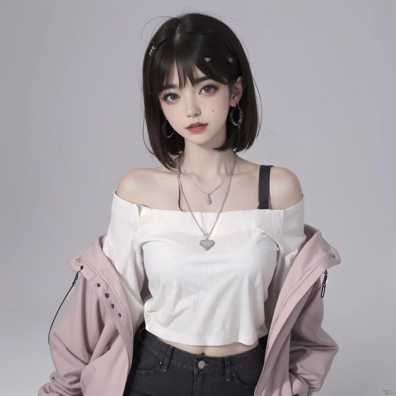 1girl, solo, looking at viewer, short hair, skirt, simple background, shirt, jewelry, purple eyes, jacket, white shirt, upper body, purple hair, heart, earrings, necklace, off shoulder, mole, mole under eye, makeup, hands in pockets, red lips