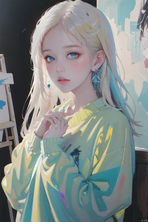  1girl, solo, looking at viewer, bangs, blue eyes, blonde hair, long sleeves, jewelry, upper body, earrings, sweater, lips, fingernails, own hands together, realistic, Illustration , oilpainting,Oil on Canvas, Colour, Haze, Thick Paint, faxa, hologram girl, acrylic painting, caiyi