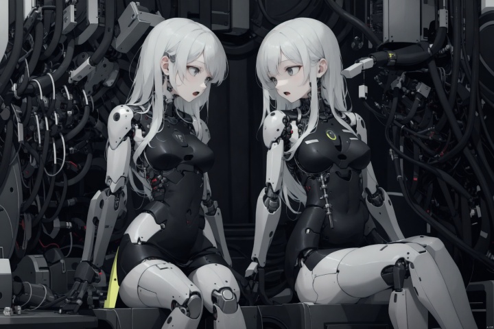  long hair, breasts, open mouth, bangs, multiple girls, dress, 2girls, sitting, white hair, black dress, grey eyes, android, joints, cable, mechanical arms, white eyes, single mechanical arm, robot joints, mechanical parts, mechanical legs