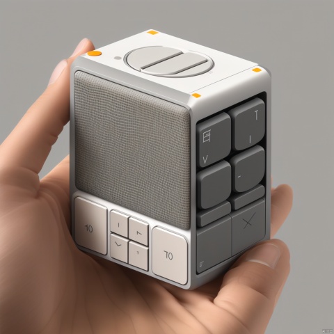  A sports camera.,A grey frosted metal cube shape, keyboard, knobs, minimalist product design, solid colour background, white background, Dieter Rams design style, handheld game console, still life, product design,product render,cardesign
