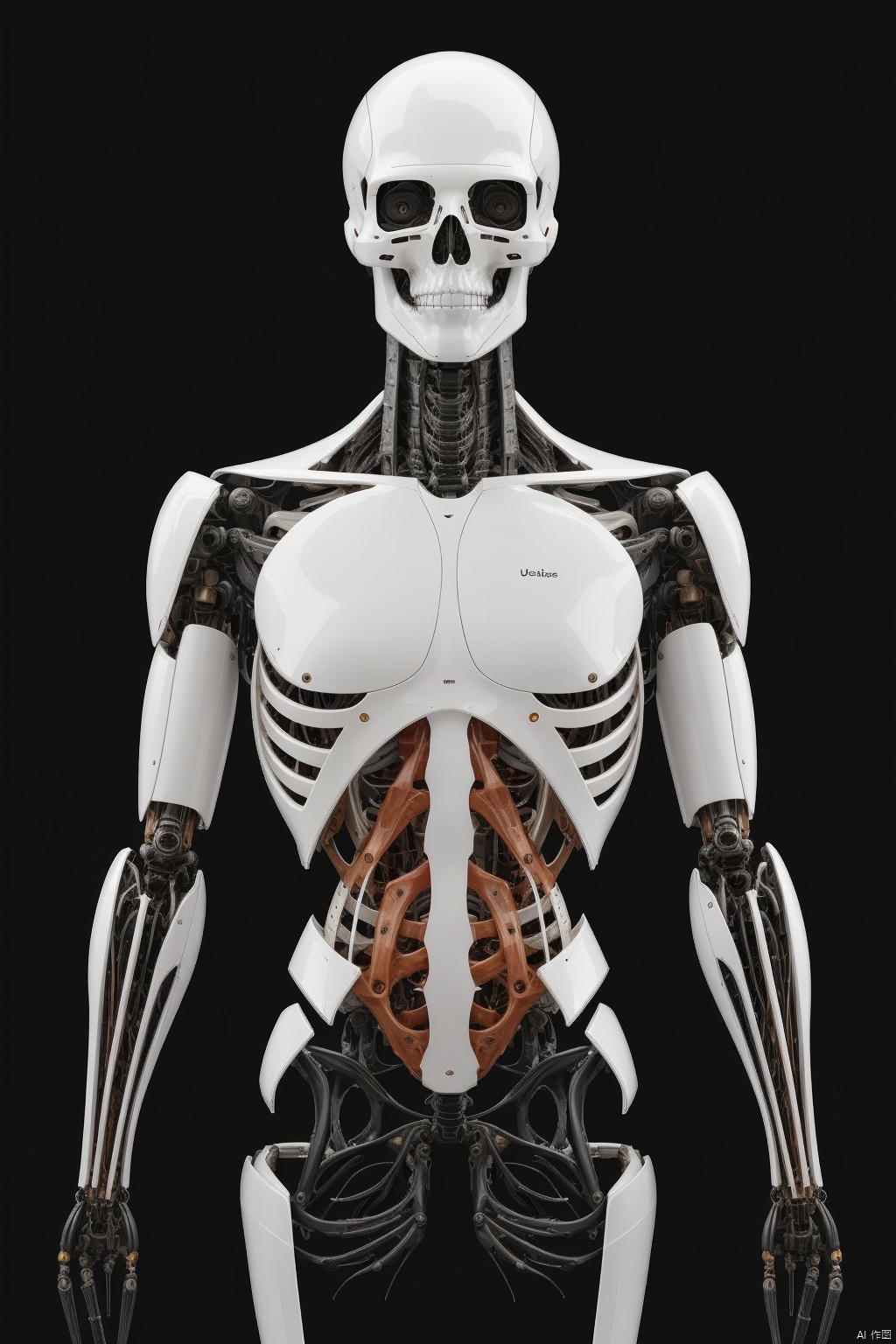  White robot ,Front view of the robot,White background, english text, no humans, watermark, robot, mecha, science fiction, realistic, skeleton, non-humanoid robot, spine,Ribs, ulna, sternum, scapula, clavicle, mandible,Bionic muscle. Transparent skin. Transparent muscle.