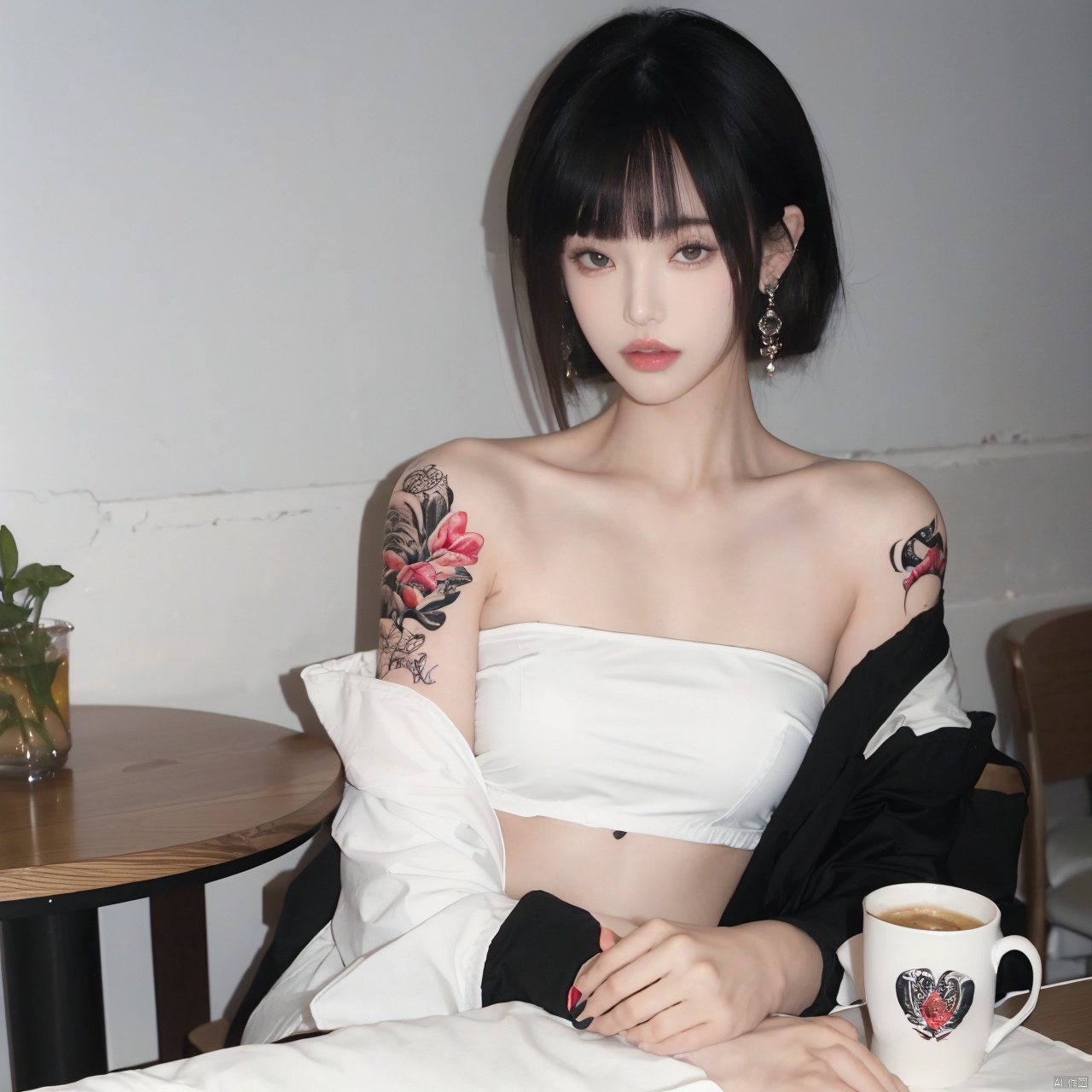  1girl, solo, looking at viewer, short hair, bangs, black hair, jewelry, sitting, jacket, upper body, earrings, blunt bangs, cup, lips, white jacket, grey eyes, strapless, tattoo, chair, table, bandeau, white tube top, arm tattoo, A girl with a tattoo on her right should,clean background, Light master