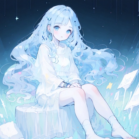  1girl, solo, long hair, looking at viewer, blue hair, jewelry, sitting, barefoot, socks, bracelet, ,illustration,drawing
