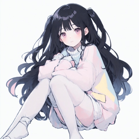 1girl, solo, long hair, looking at viewer, bangs, simple background, black hairg, jacket, white dress, white thighhighs, two side up, sleeves past wrists, bandages, pink jacket, bandaged leg, pink sweater